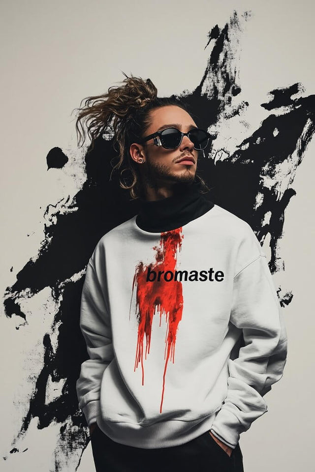 Person wearing a white sweatshirt with red design and bromaste